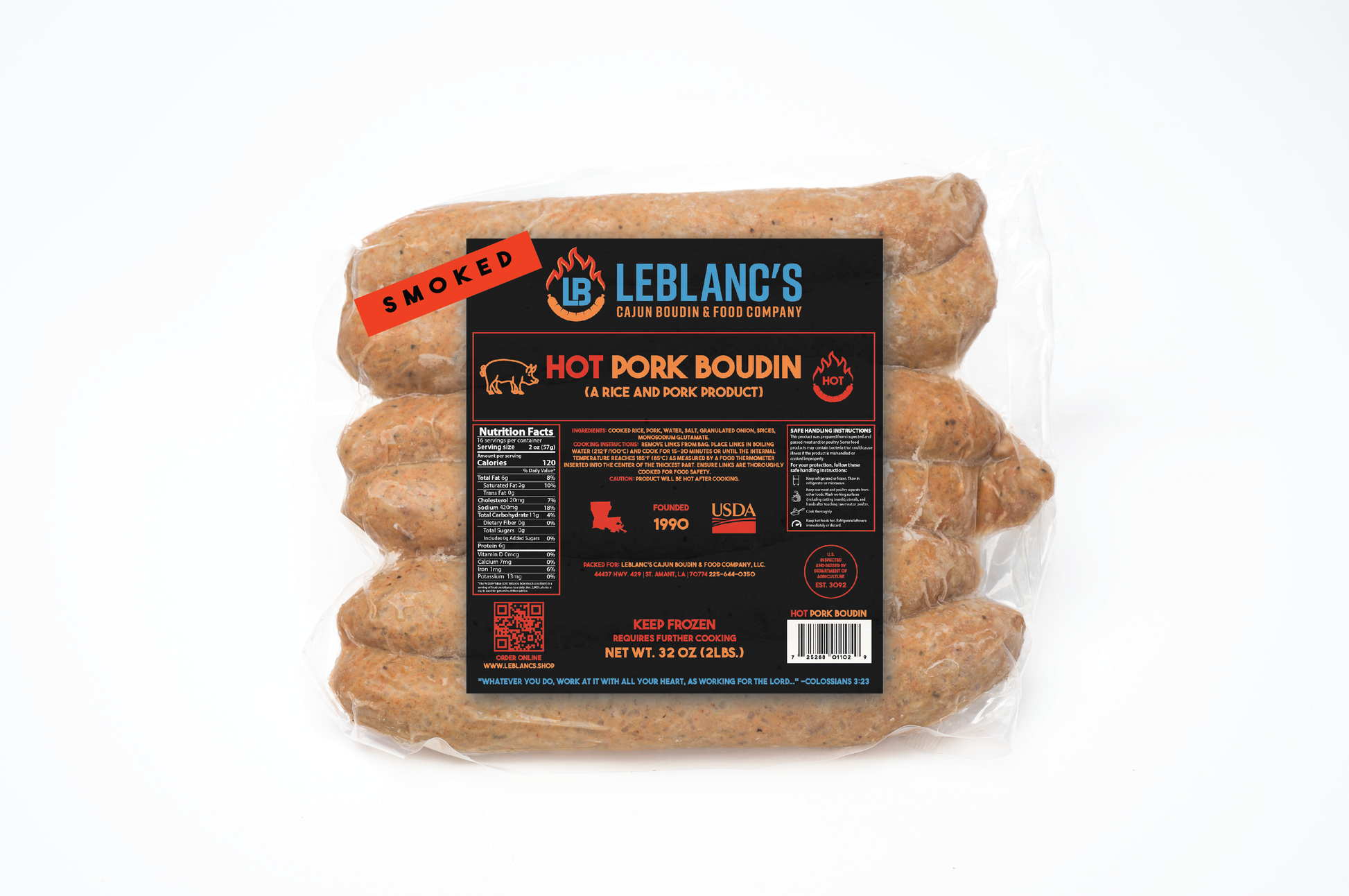 Smoked Hot Pork Boudin 2lbs