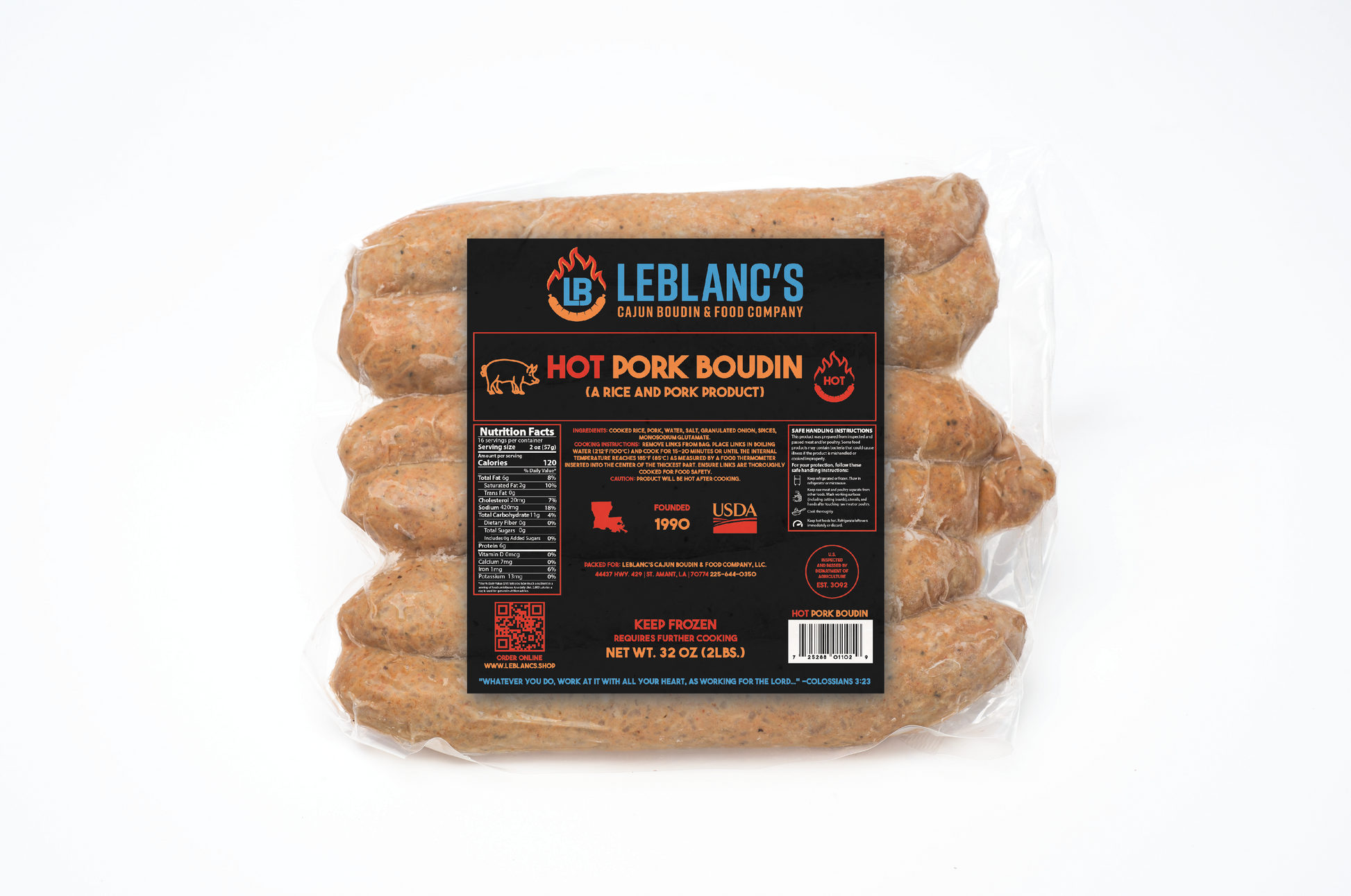 Hot Pork Boudin 2lbs